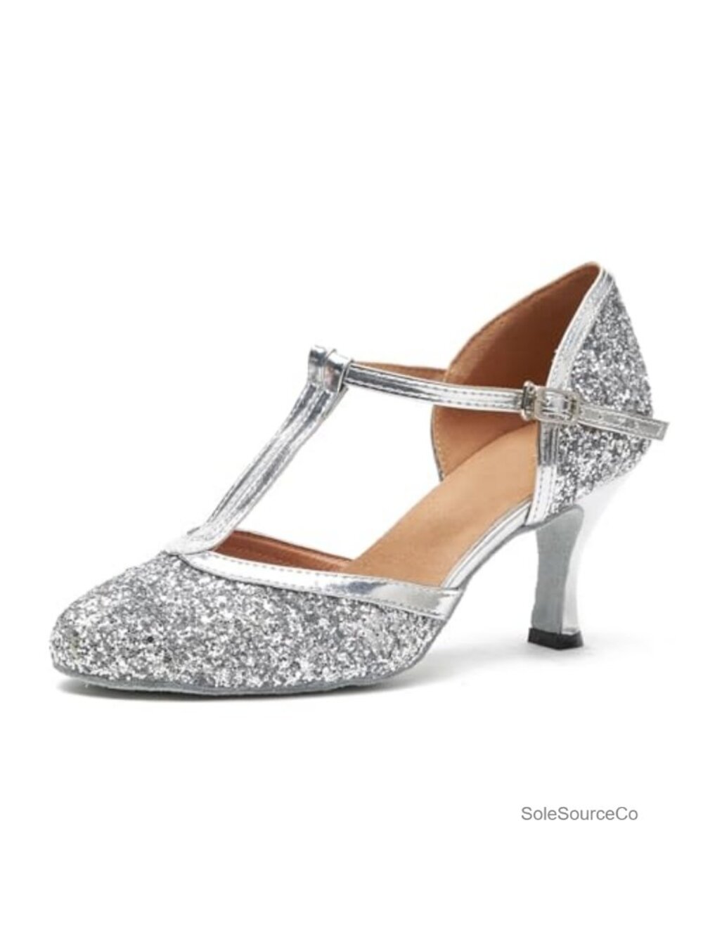 Women's Glitter Latin Ballroom Dance Shoes Closed Toe Buckle T-Strap